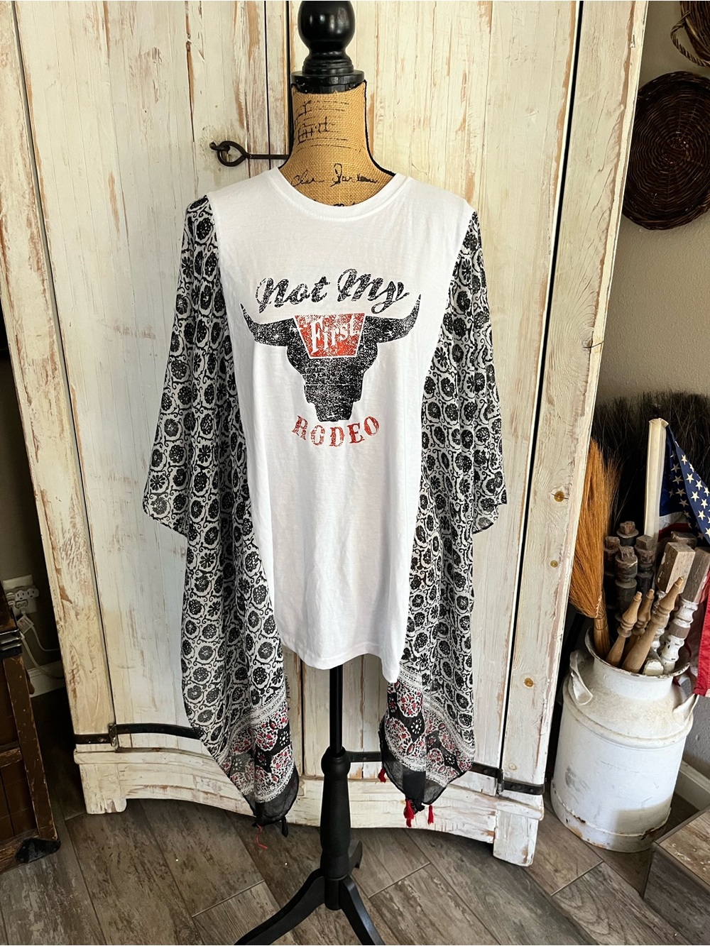 Not My First Rodeo upcycled mixed print poncho top